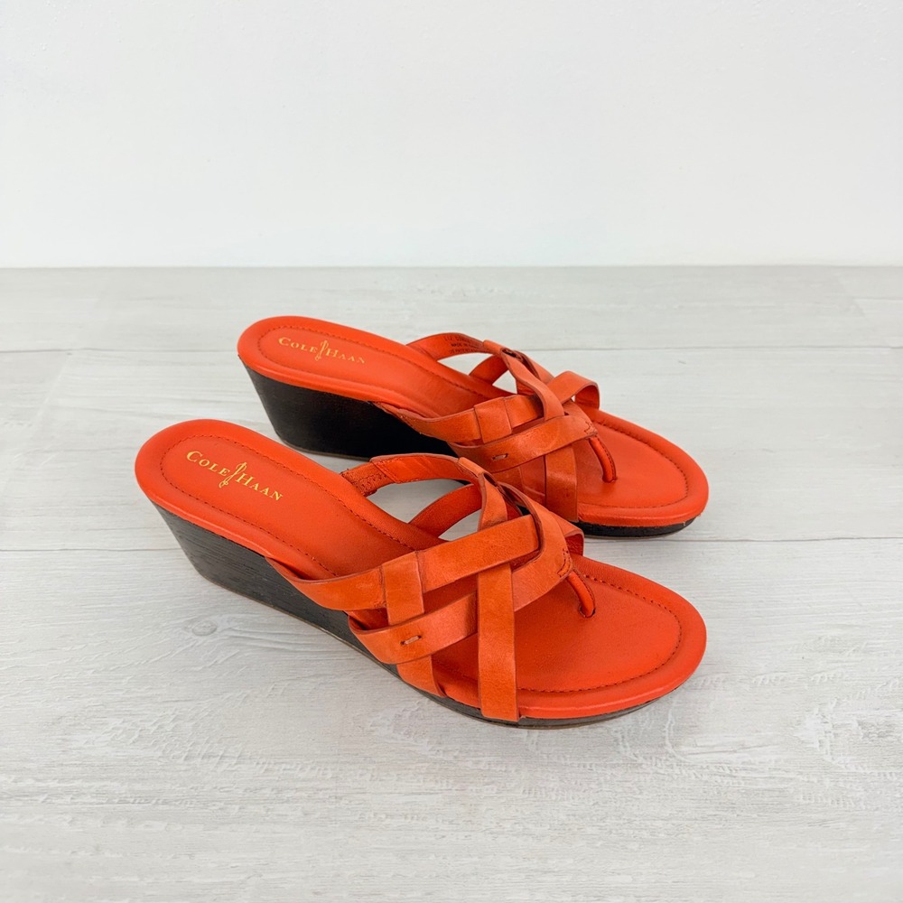 Cole Haan Wedge Sandals Size 7.5 B Orange Nike Air Strappy Leather Summer Bonnie